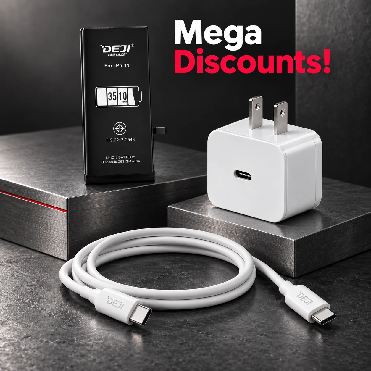 Mega Discounts! DEJI iPhone battery, new 60W USB-C cable and USB-C charger on graphite and brushed metal