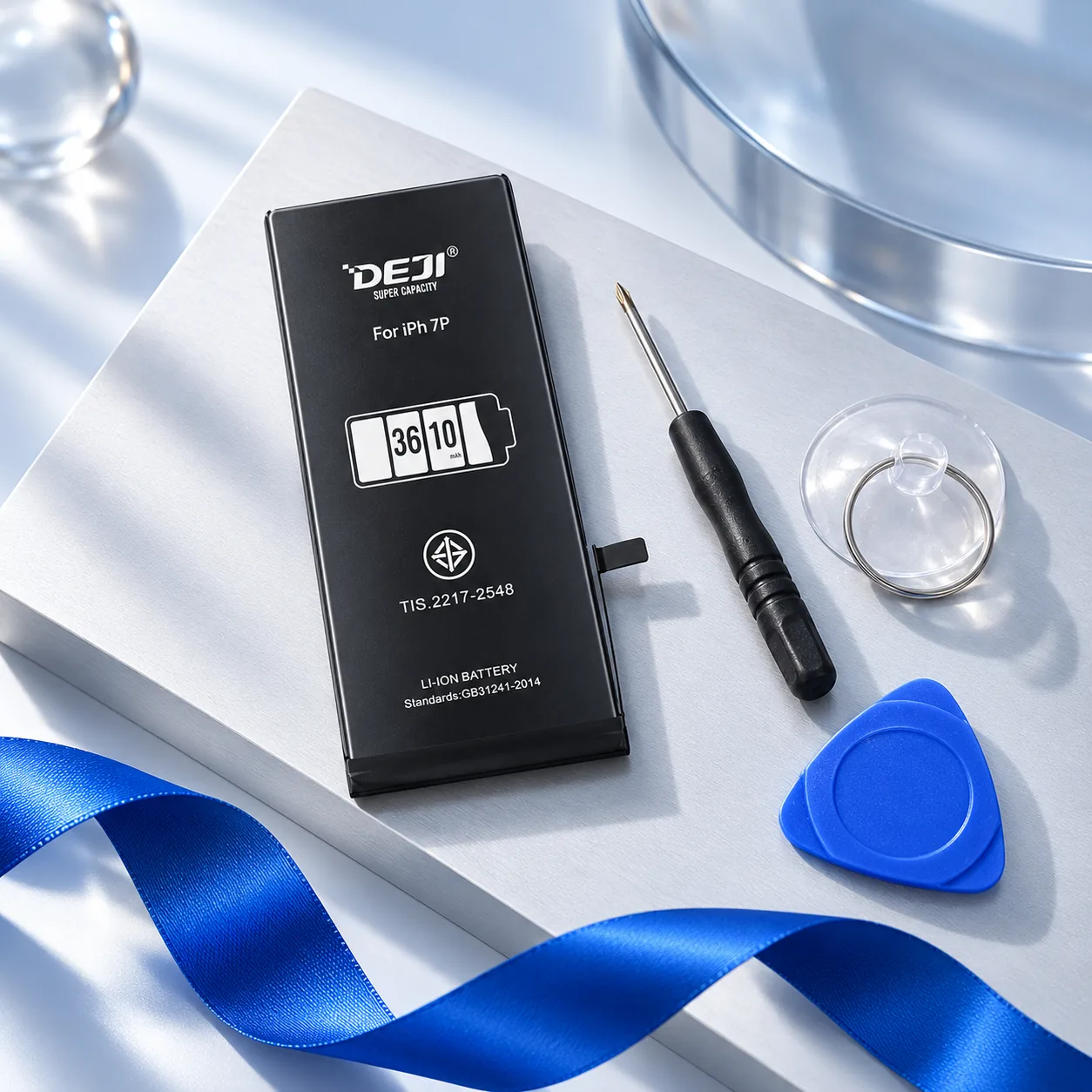 Campaign composition of the DEJI iPhone 7 Plus battery and repair tools on silver with a blue ribbon